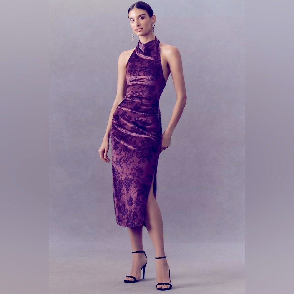 ANTHROPOLOGIE BHLDN Holly Halter Printer Stretch Velvet Maxi Evening Dress L
NWT
